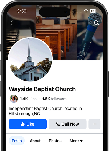 Facebook profile of Wayside Baptist Church rendered on an apple iphone