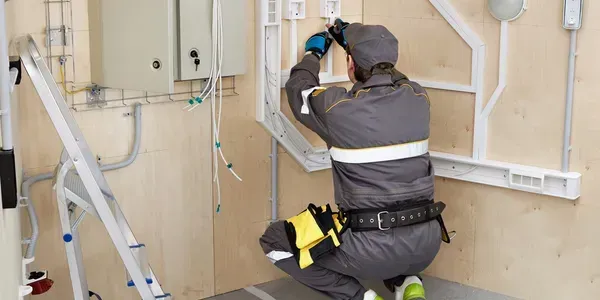 An electrician in gray overalls, kneeling, works on electrical wiring inside a utility room.