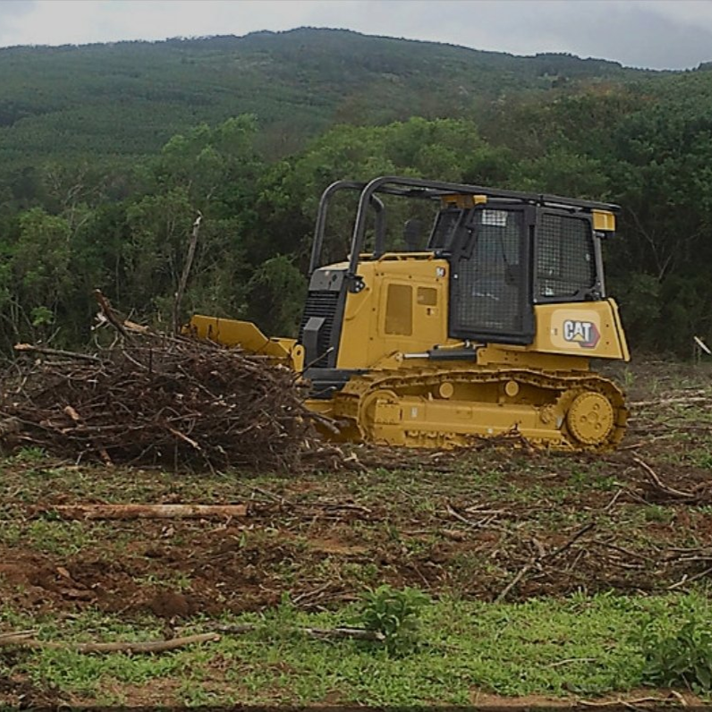 yellow bulldozer used for land clearing pushing a large pile of trees and debri. rough cuts construction