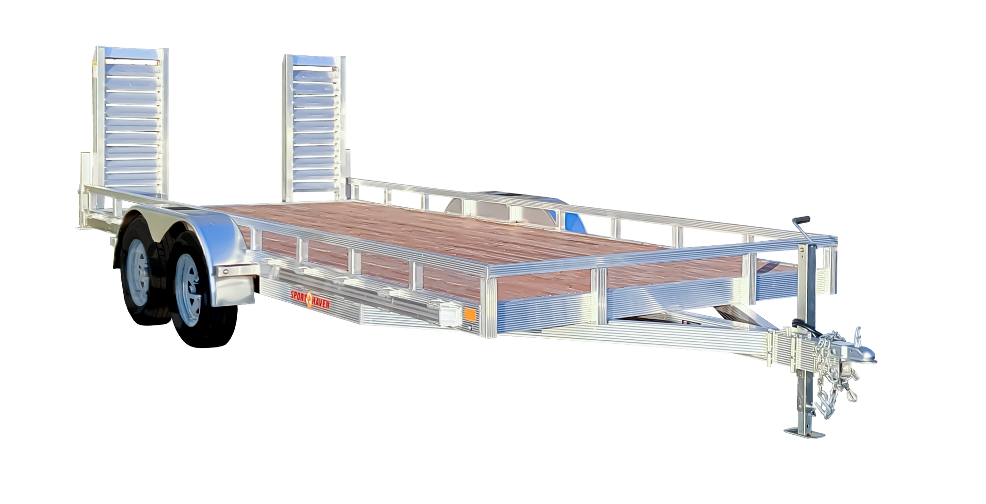 Flatbed trailer with a wooden deck and metal frame and ramps