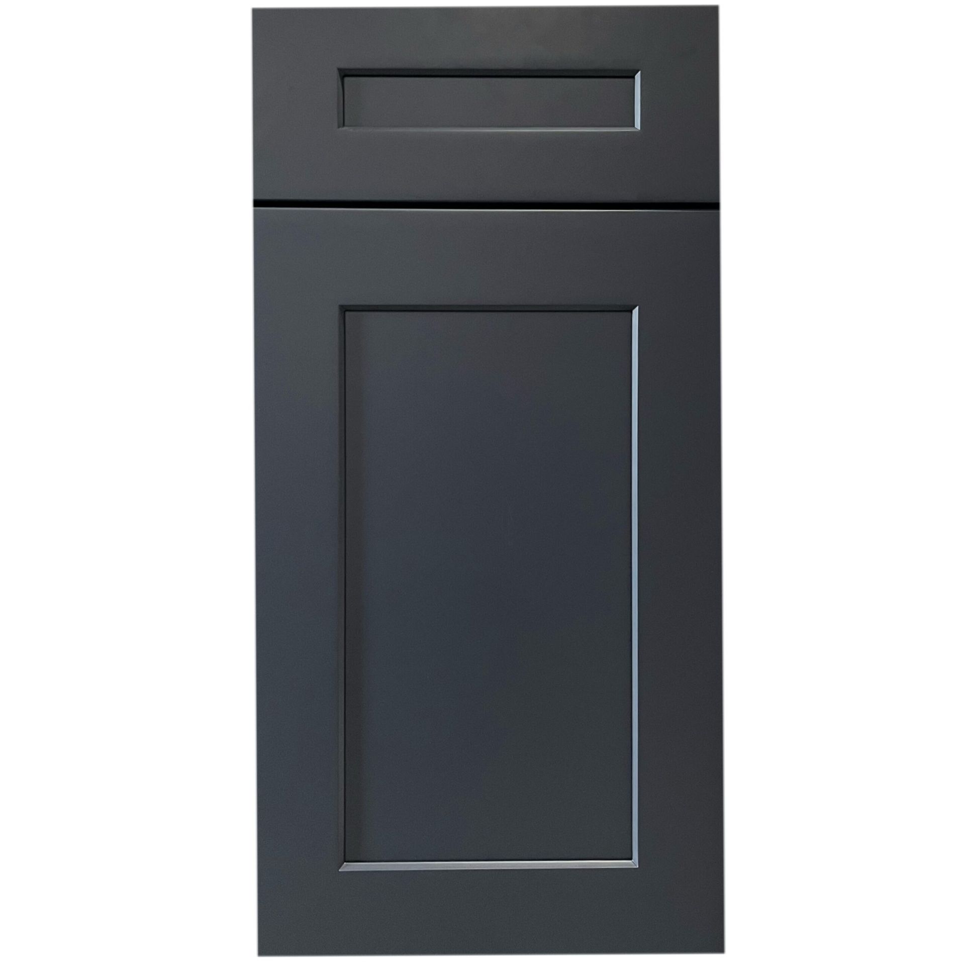 Dark gray kitchen cabinet door with a rectangular raised panel and horizontal top detail.