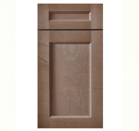 Cabinet door with raised panel and recessed upper panel in a medium brown stain.