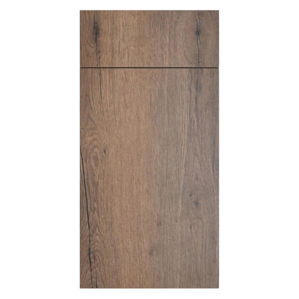 Brown wooden cabinet door with a horizontal groove near the top.