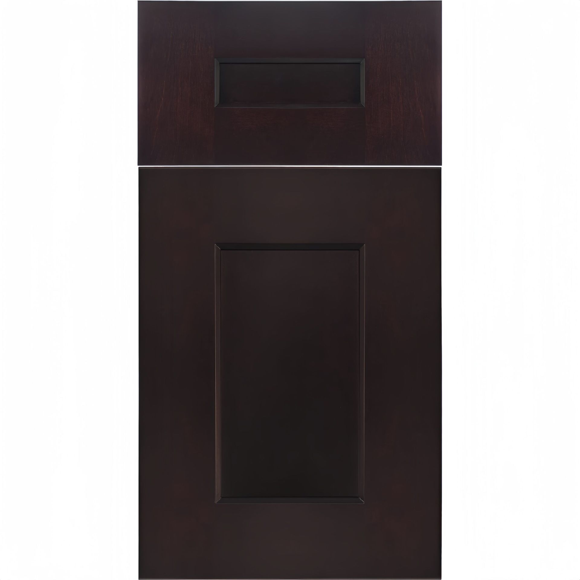 Dark brown cabinet door with a raised panel.