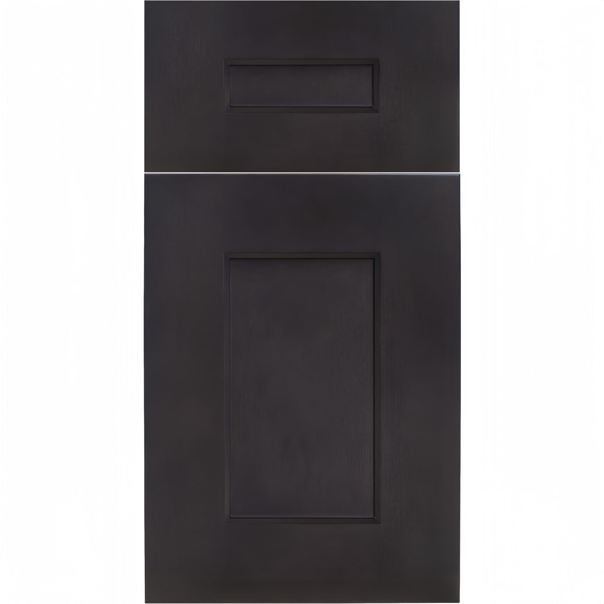Black cabinet door with a rectangular recessed panel and a horizontal handle.