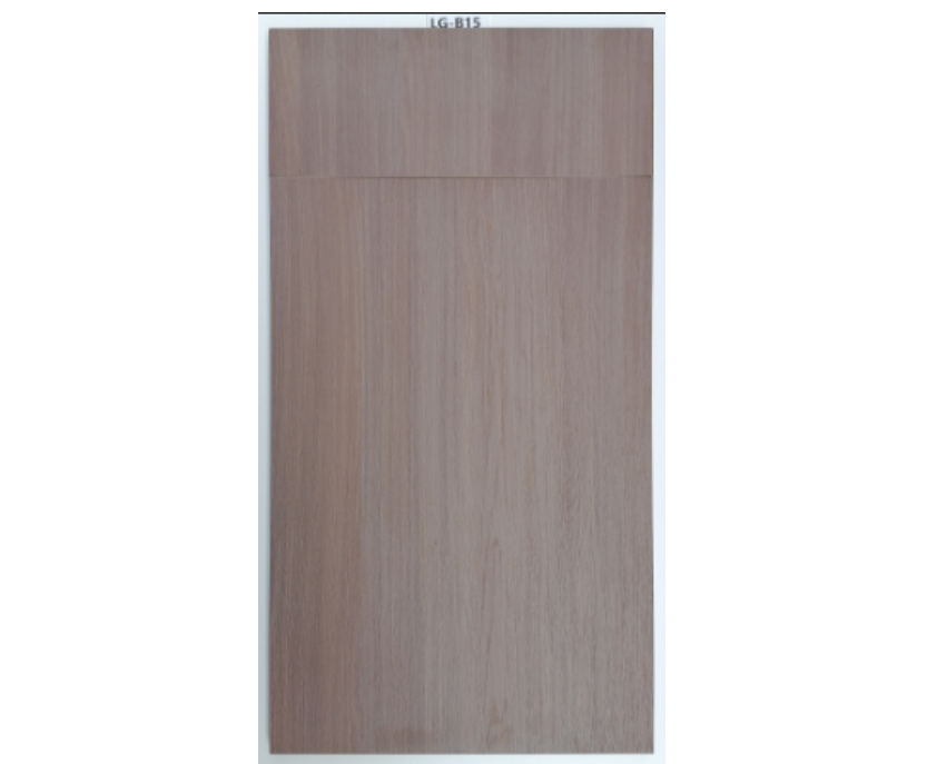 A light brown, wooden cabinet door with a subtle horizontal groove.