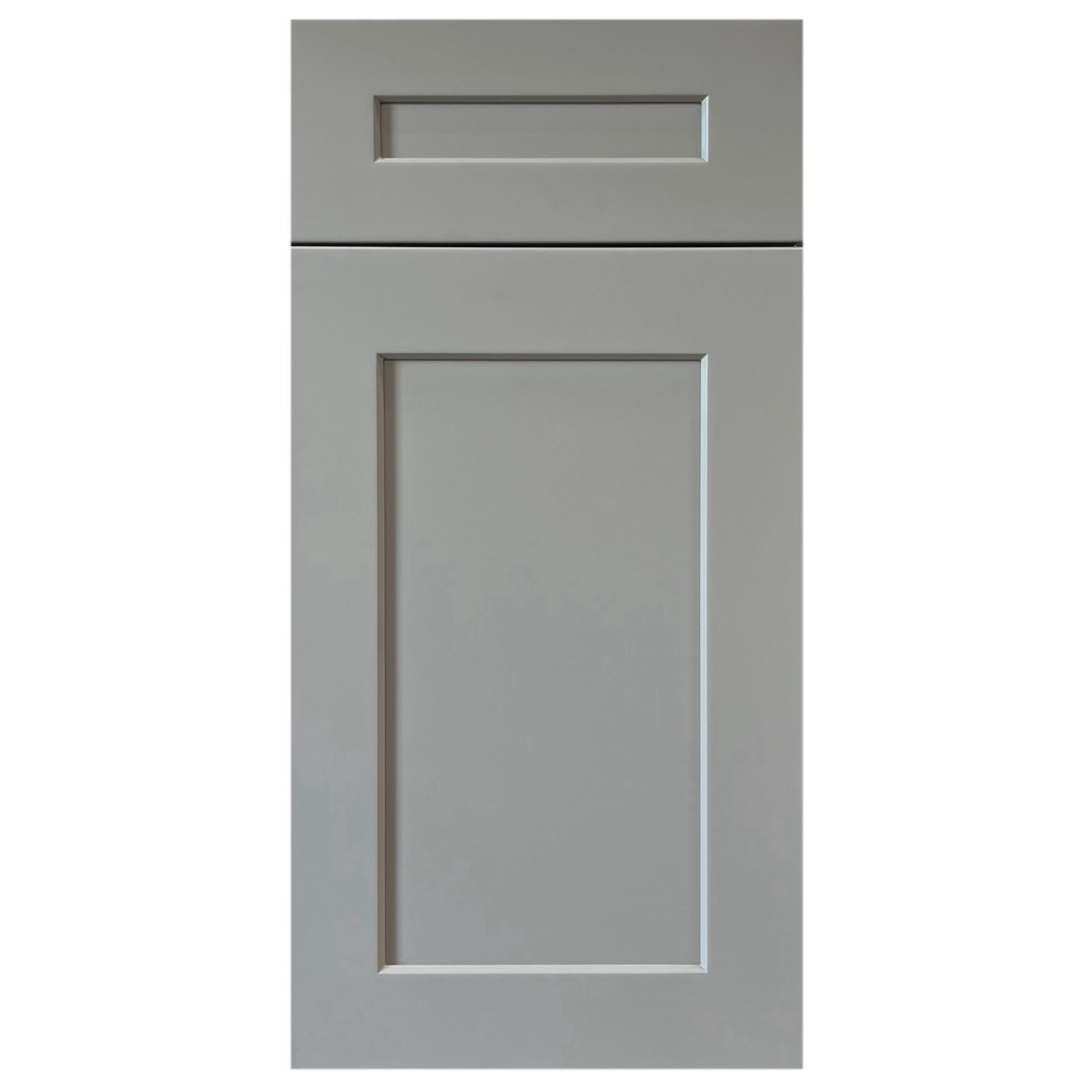 Gray cabinet door with a raised panel design.