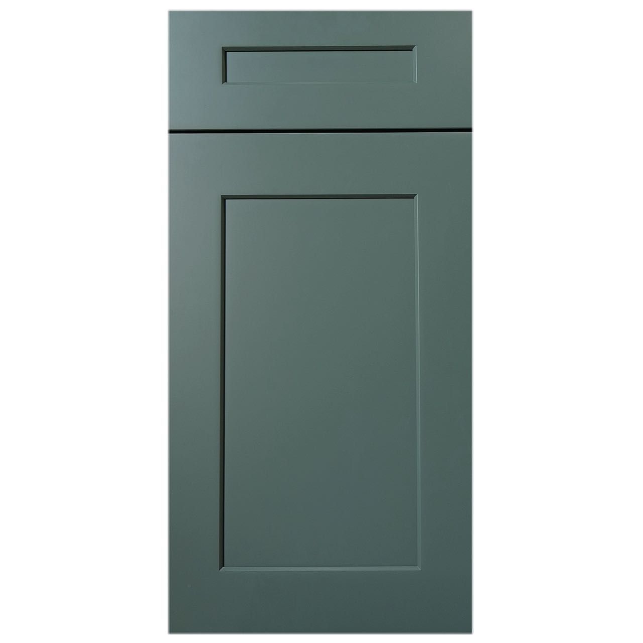 Blue-green cabinet door with a rectangular recessed panel and a smaller rectangular panel at the top.