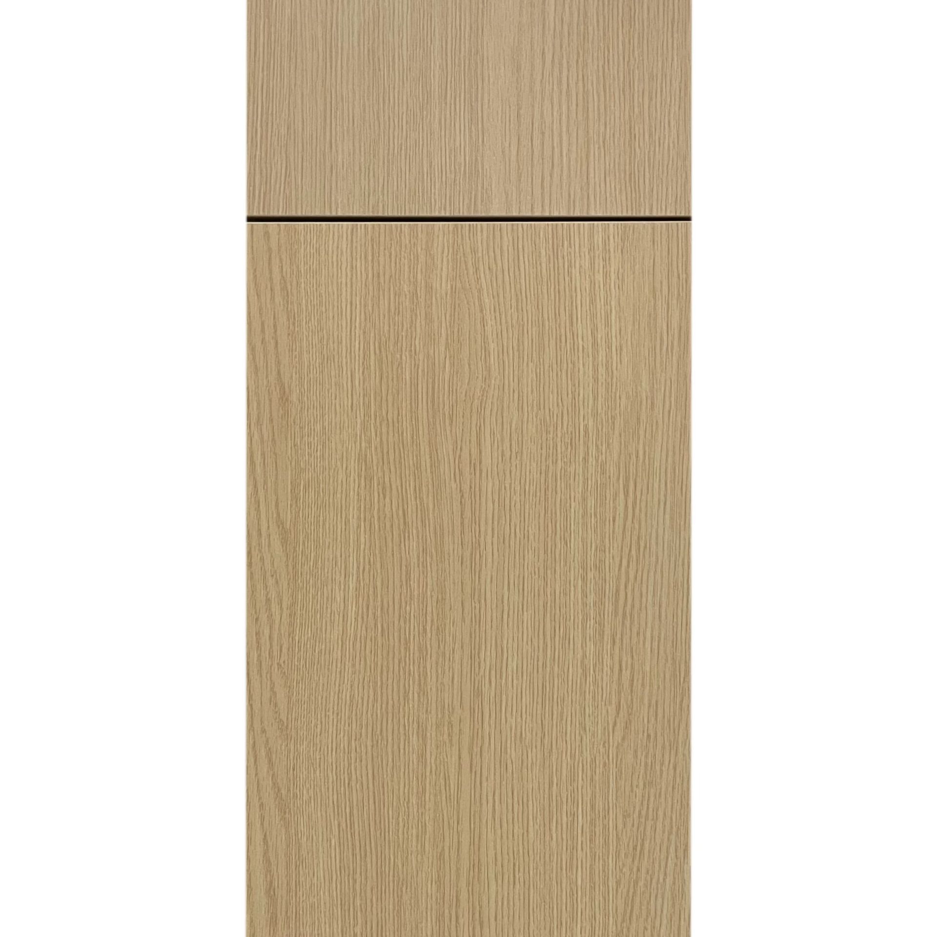 Light oak-grain cabinet door with a horizontal top panel.