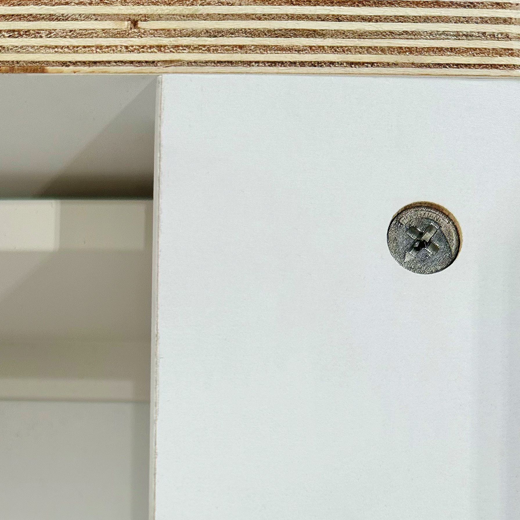 White cabinet with a visible screw attaching it to a wooden surface.