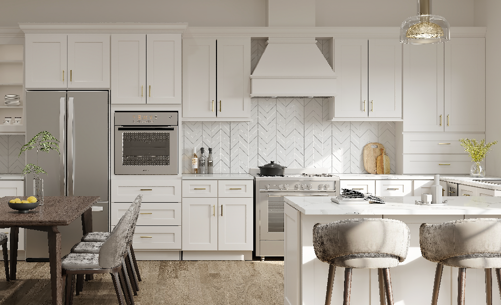 Modern white kitchen with stainless steel appliances, breakfast bar, and dark wood dining table.