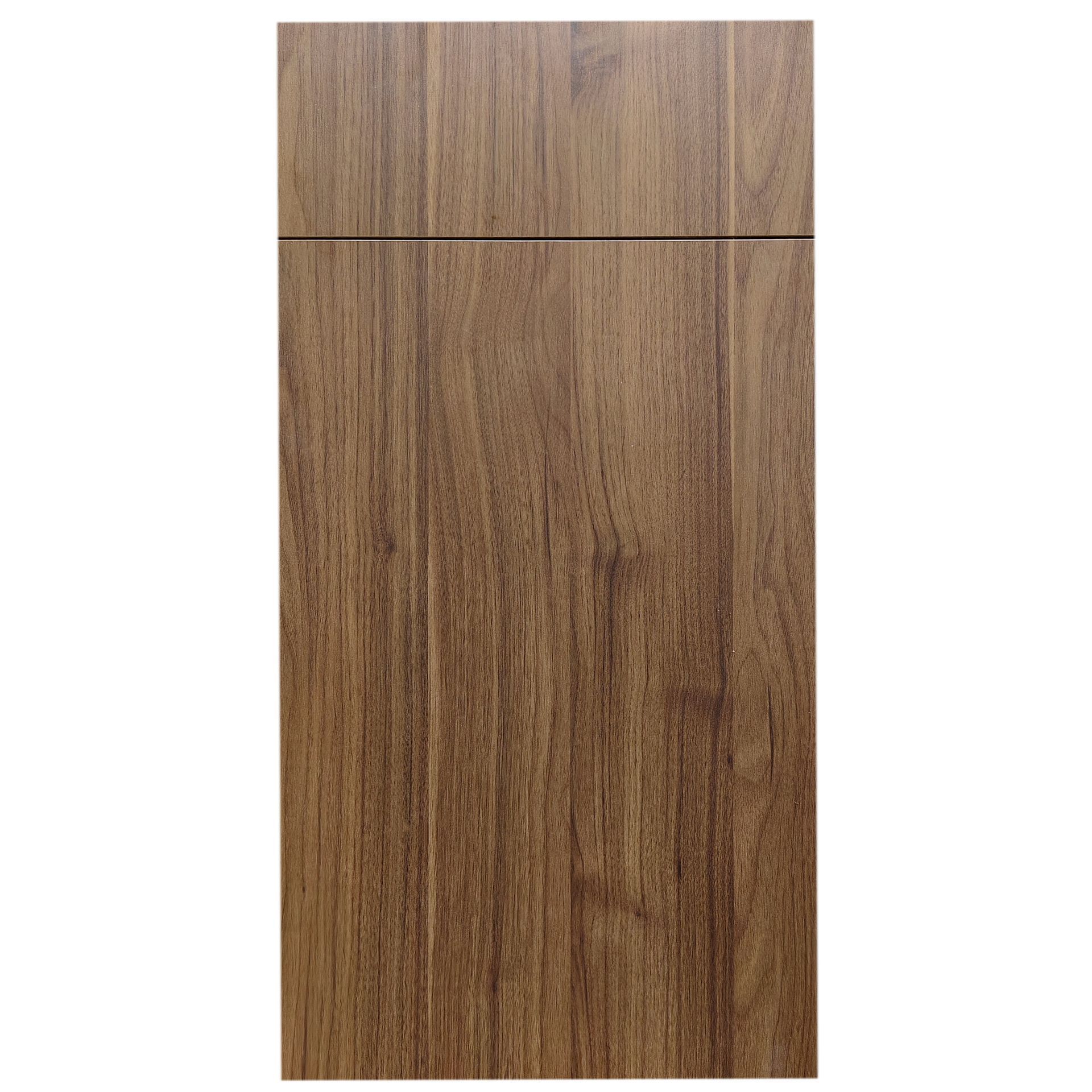Wooden cabinet door with vertical wood grain, medium brown tone.