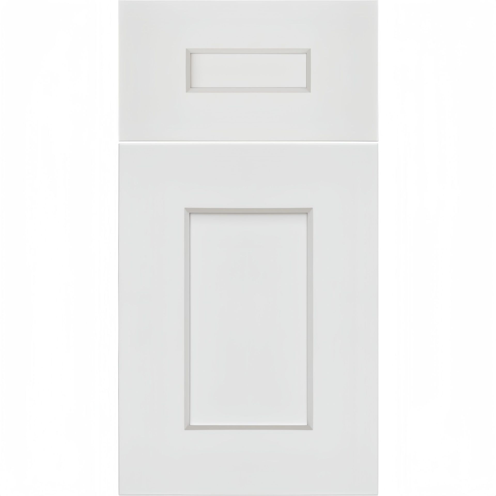 White kitchen cabinet door with recessed panel and silver hardware.