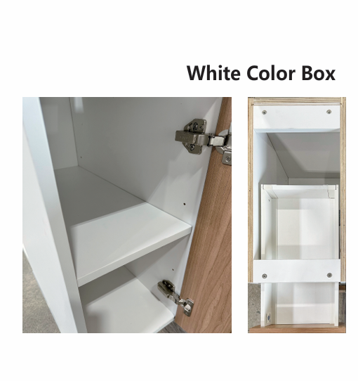 White cabinet with open door; inside is a shelf and the back is visible.