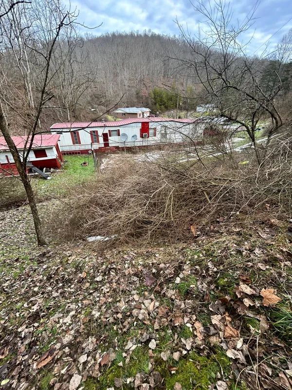 Mobile homes with red roofs nestled in a clearing surrounded by brown foliage and a wooded hillside.