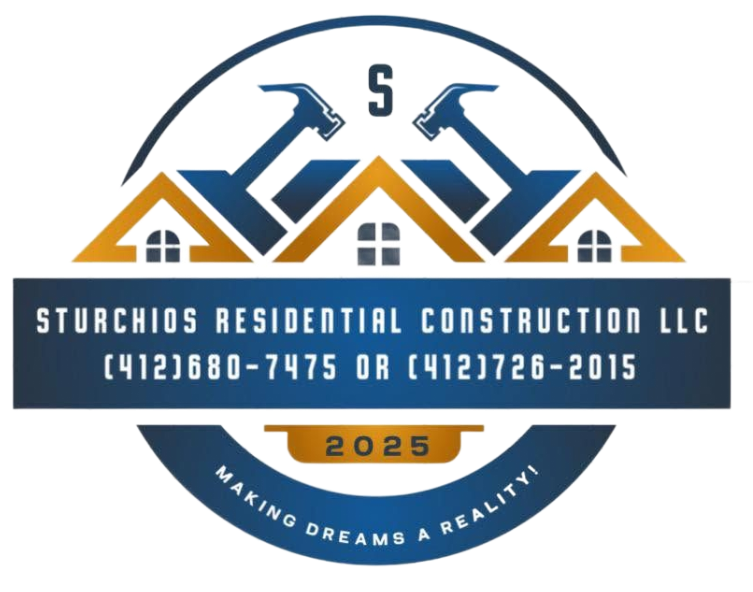 Logo for Sturchios Residential Construction LLC with blue and gold house and hammer icons, phone