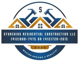 Logo for Sturchios Residential Construction LLC with blue and gold house and hammer icons, phone