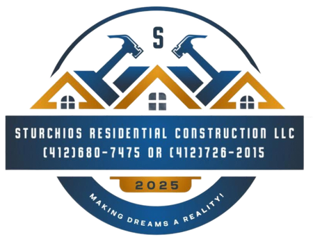 Logo for Sturchios Residential Construction LLC with blue and gold house and hammer icons, phone