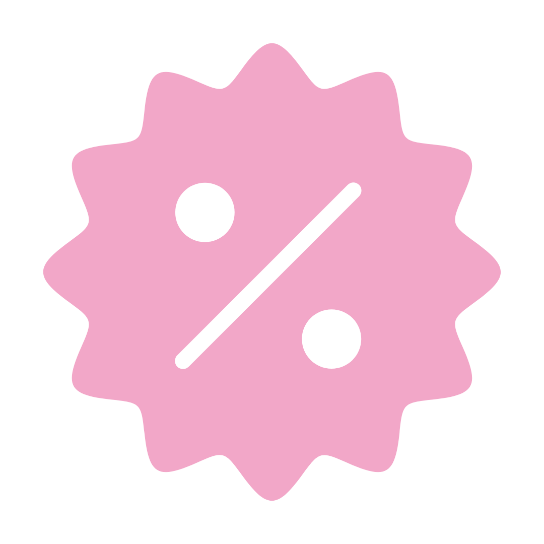 A pink sticker with a percent sign inside of it.