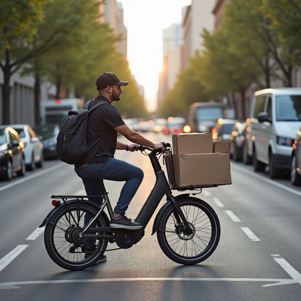 Delivery person on e-bike carrying packages in city street. Sunlit background, cars, and buildings visible.