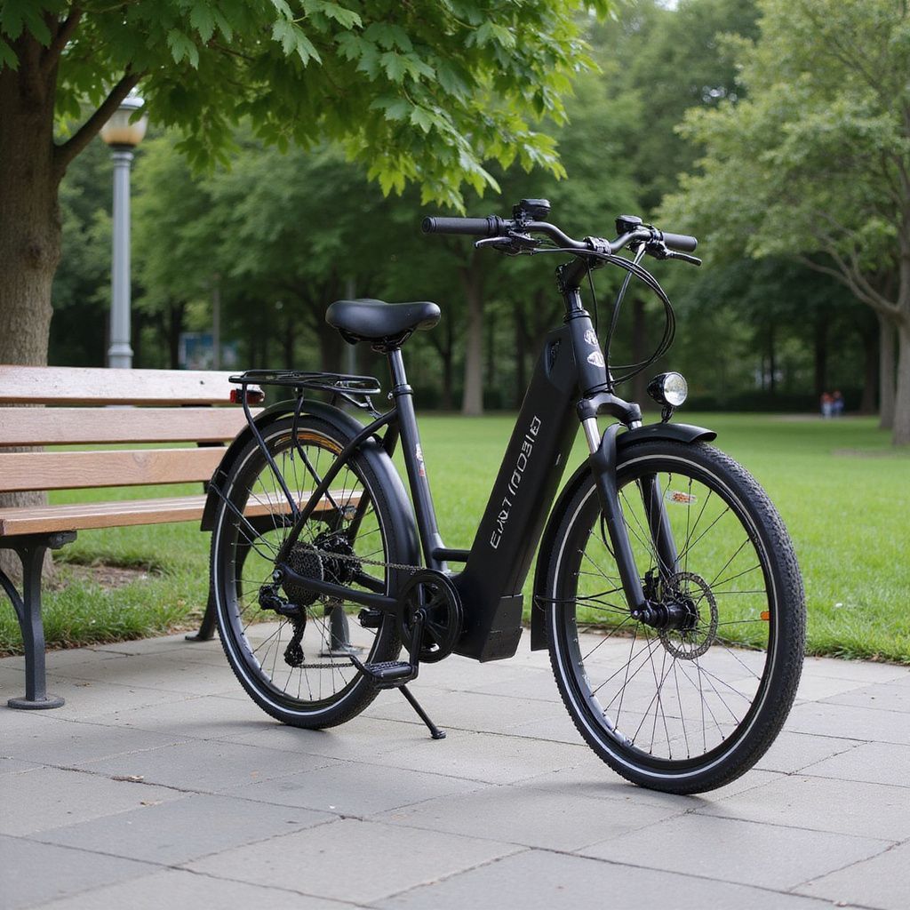 Black electric bike parked on a paved path in a park, near a bench and trees.