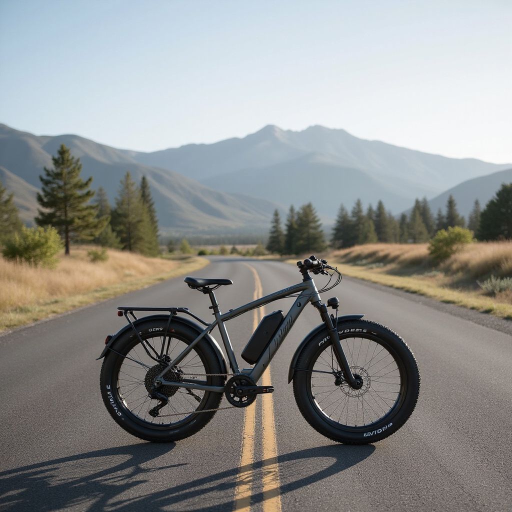 Gray electric bike on a paved road, mountains in the background, sunny day.