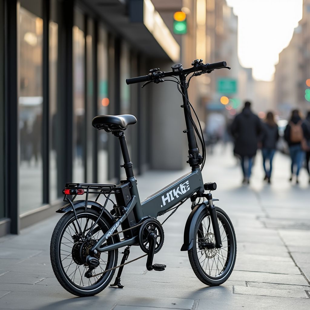 Grey electric folding bike parked on a city sidewalk.
