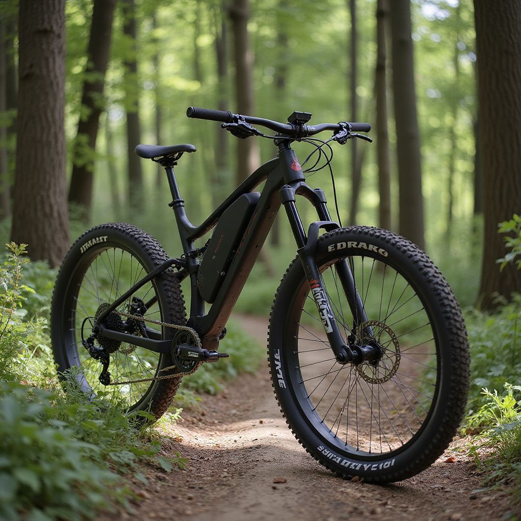 Black electric mountain bike on a dirt path in a forest.