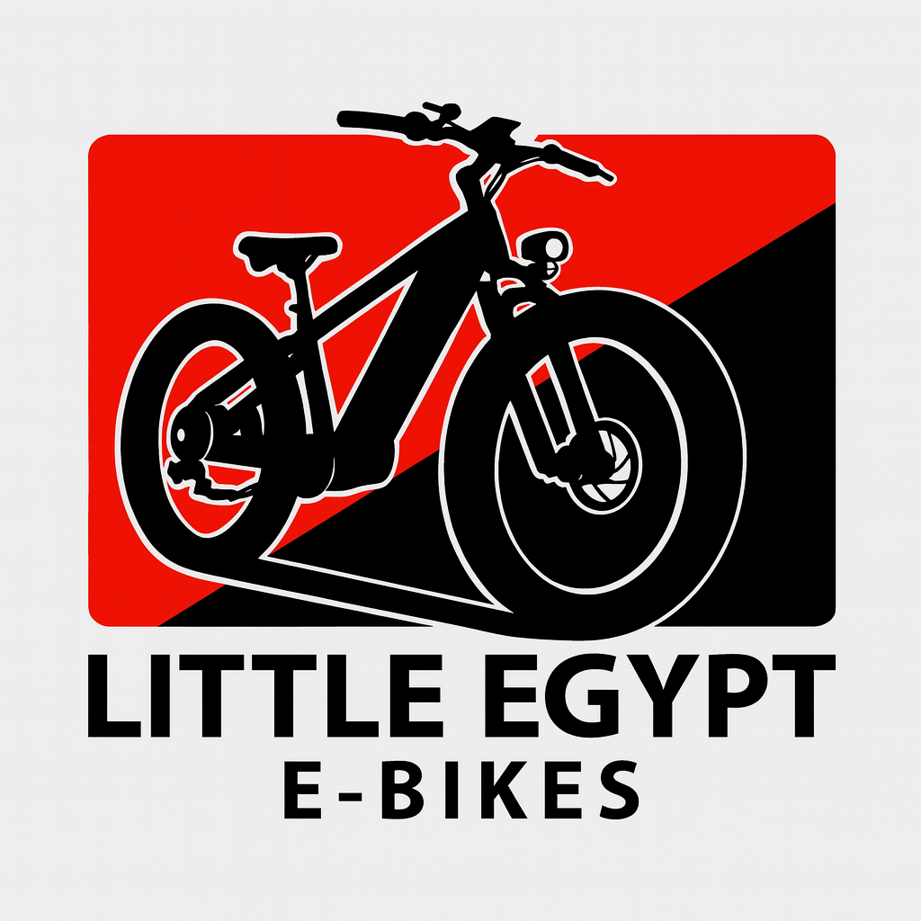 Logo for Little Egypt E-bikes. A black e-bike silhouette on a red and black rectangle with the text “Little Egypt E-bikes.”