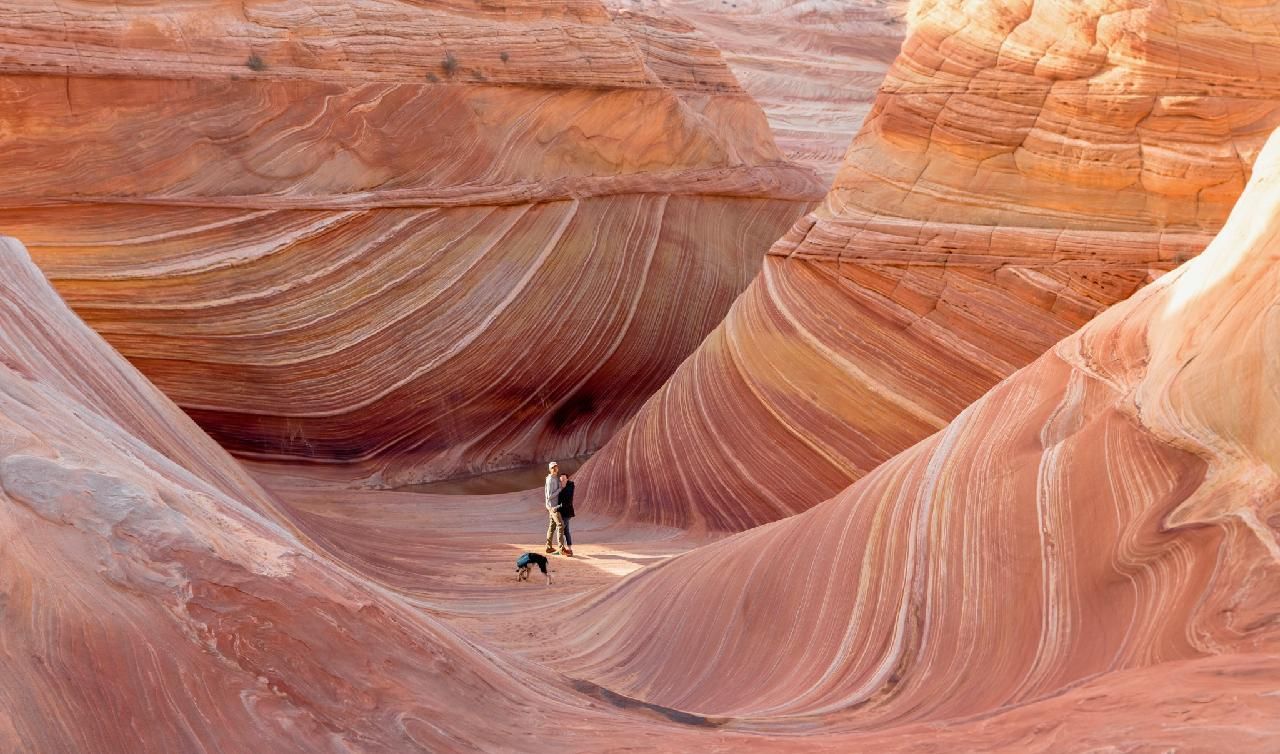 Two people and a dog are walking through a canyon