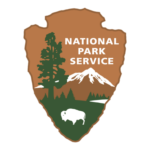 National Park Service logo: a brown arrowhead shape with a tree, mountain, and bison. White text reads