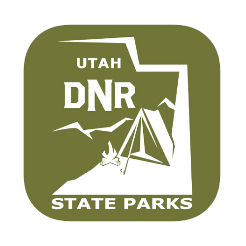 Utah DNR State Parks logo: white text and graphics on a rounded olive-green background. Includes mountain, tent, campfire, and flying bird icons.