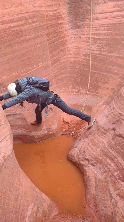 A person is standing on a rock in a canyon.