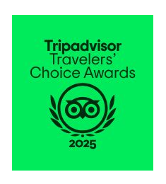 Tripadvisor Travelers' Choice Awards logo, 2025. Features a green square with black text and a circular emblem.