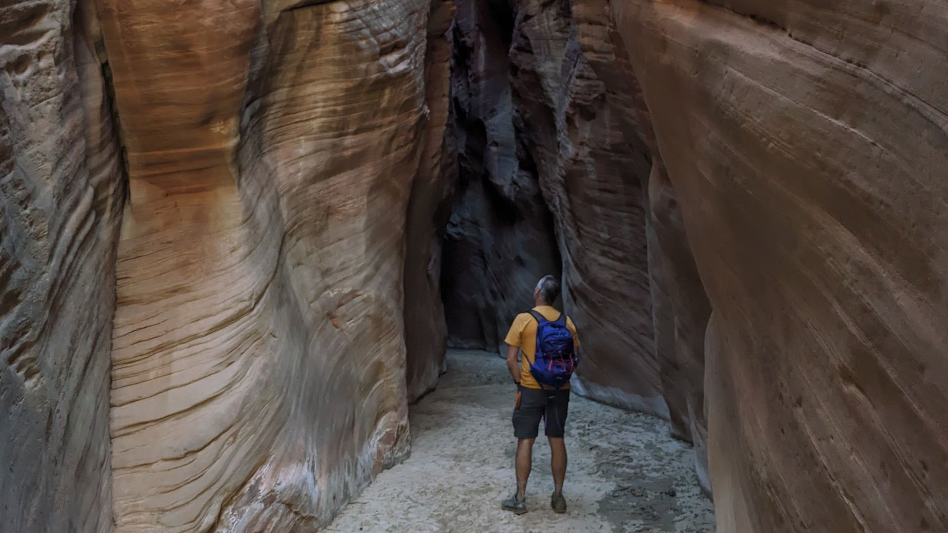 A man with a backpack is standing in a canyon.