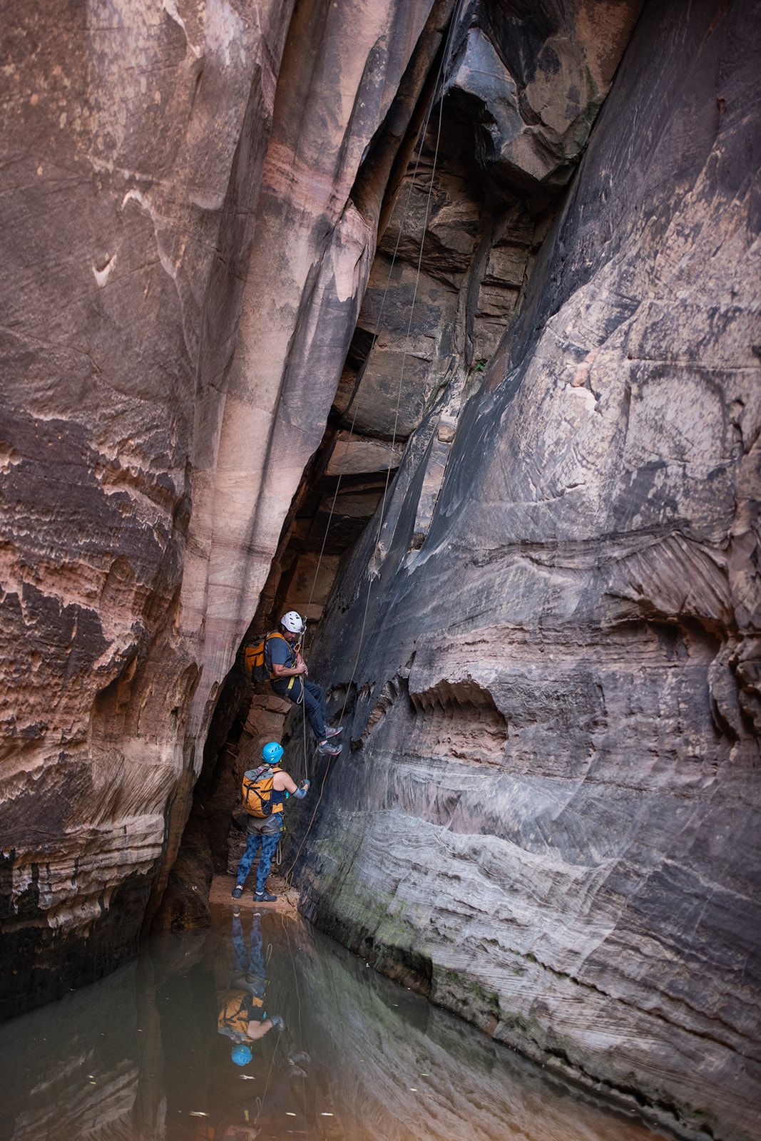 Two people canyoneering in a narrow slot canyon with water. Dark canyon walls and gear visible.