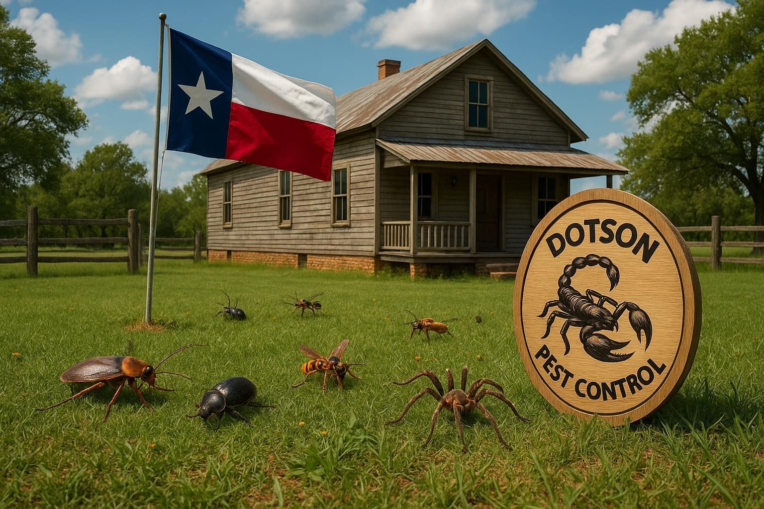 Texas flag flies by an old house, with various insects and a Dotson Pest Control sign.