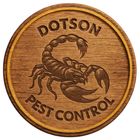 Dotson Pest Control logo: a scorpion illustration on a wooden disc.