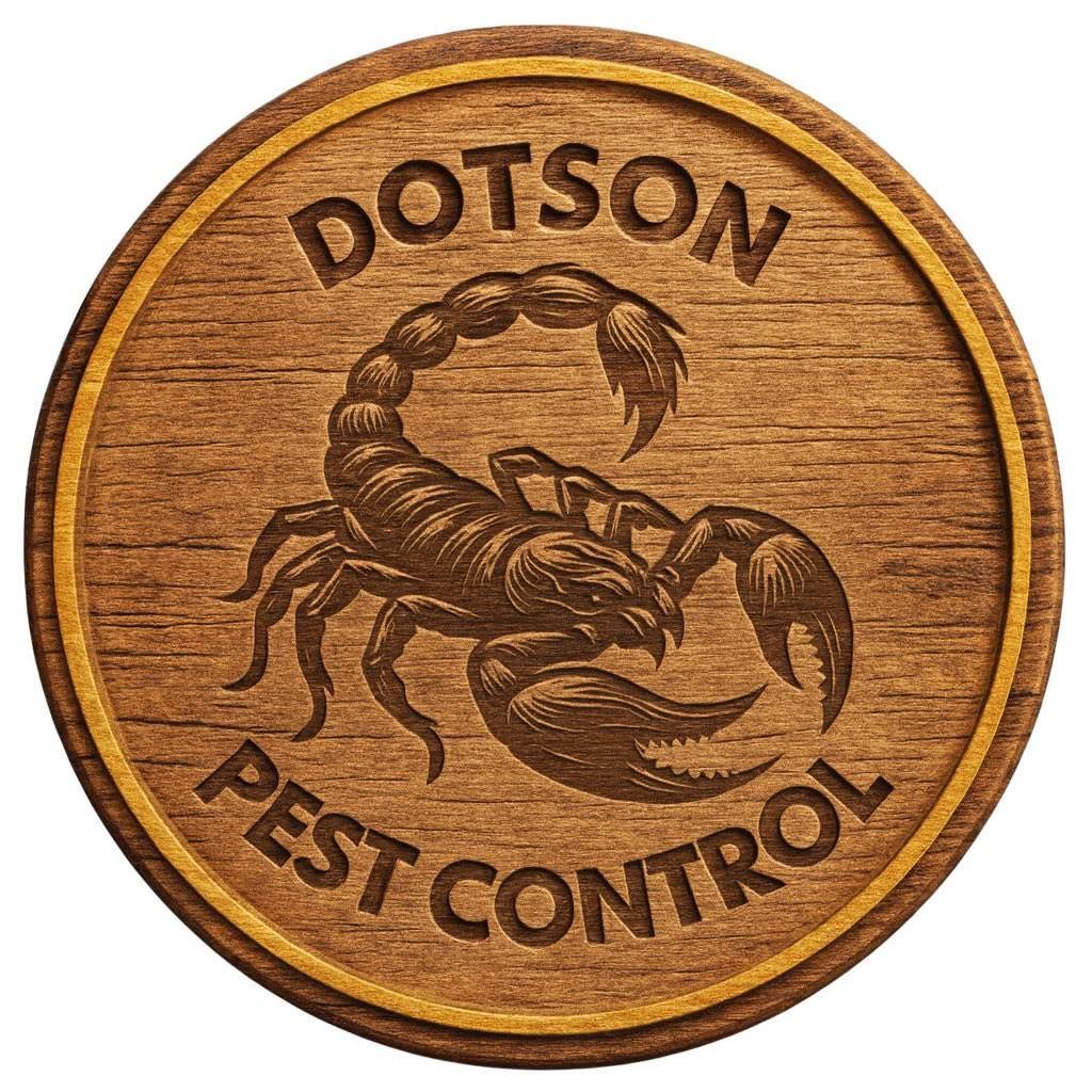 Dotson Pest Control logo: a scorpion illustration on a wooden disc.