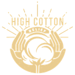 A logo for high cotton relief with two hands holding a ball of cotton.