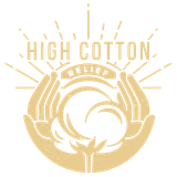 A logo for high cotton relief with two hands holding a ball of cotton.