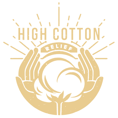 A logo for high cotton relief with two hands holding a ball of cotton.