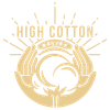 A logo for high cotton relief with two hands holding a ball of cotton.
