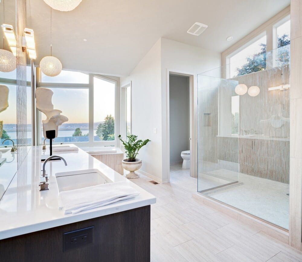 A Bathroom With Two Sinks And A Walk In Shower — Lake Macquarie Designer Kitchens In Watagan Park, NSW