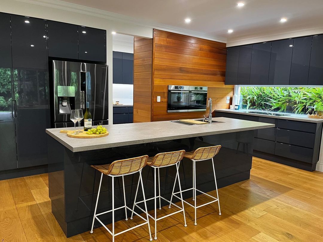 Black and Wooden Kitchen Modern — Lake Macquarie Designer Kitchens In Caves Beach, NSW