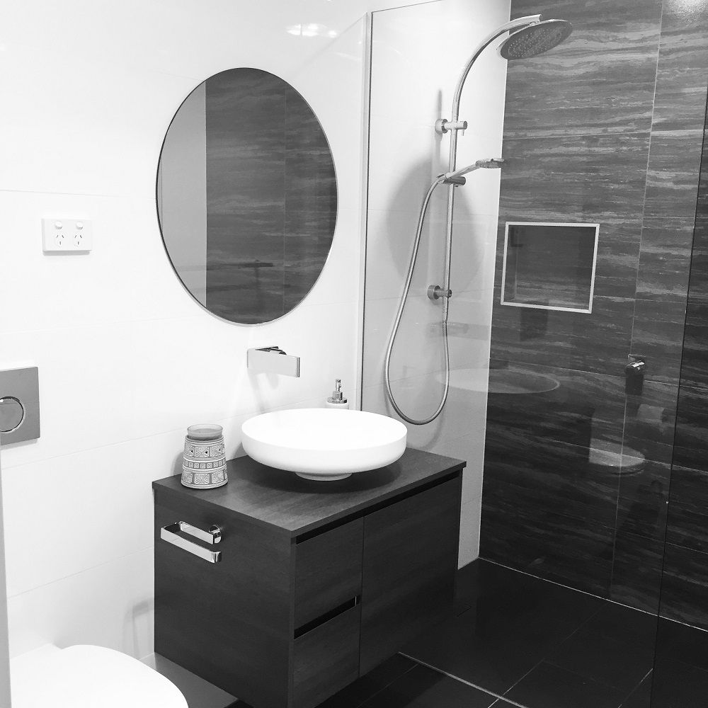 Minimalist Bathroom with Sink and Shower — Lake Macquarie Designer Kitchens In Caves Beach, NSW