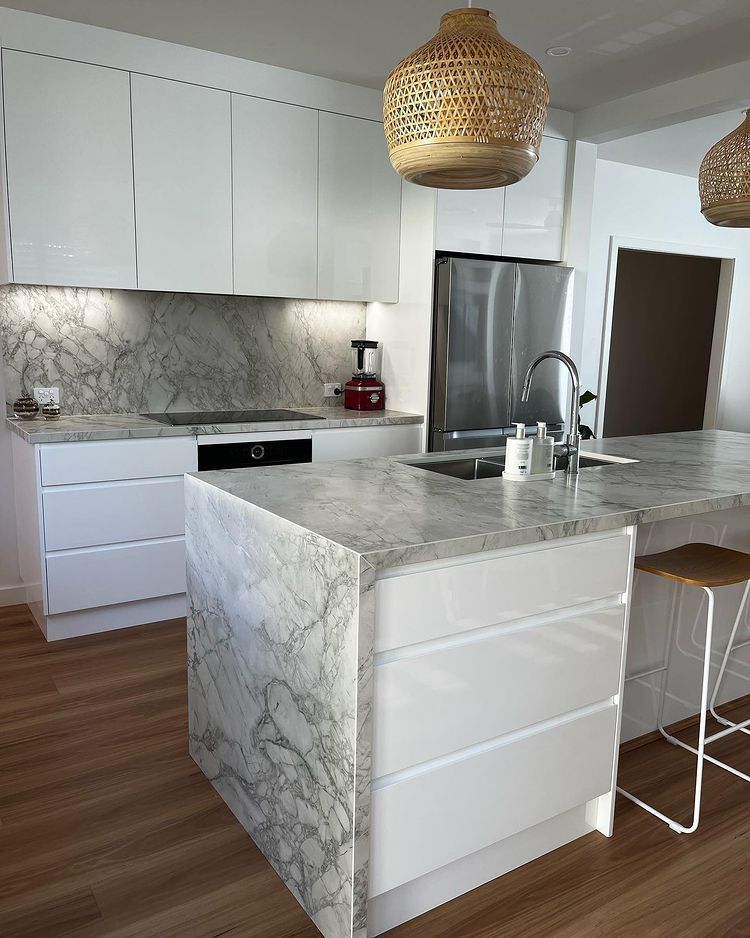 Simple And Minimalist Kitchen with Modern Marble Benchtop — Lake Macquarie Designer Kitchens In Blacksmiths, NSW
