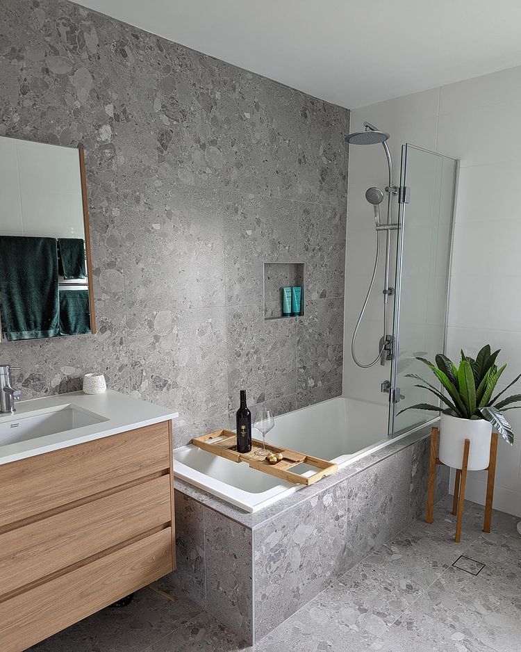 Grey And White Bathroom With A Tub And Sink — Lake Macquarie Designer Kitchens In Morisset, NSW