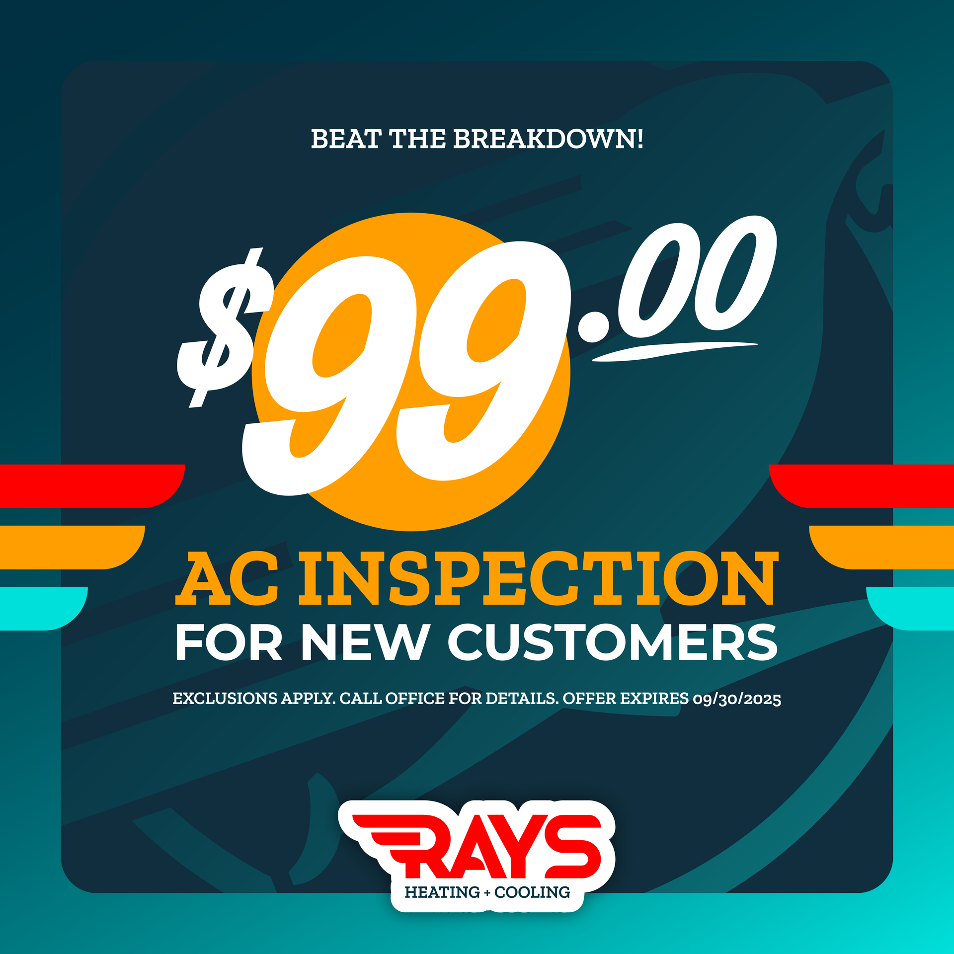 An advertisement for rays ac inspection for new customers