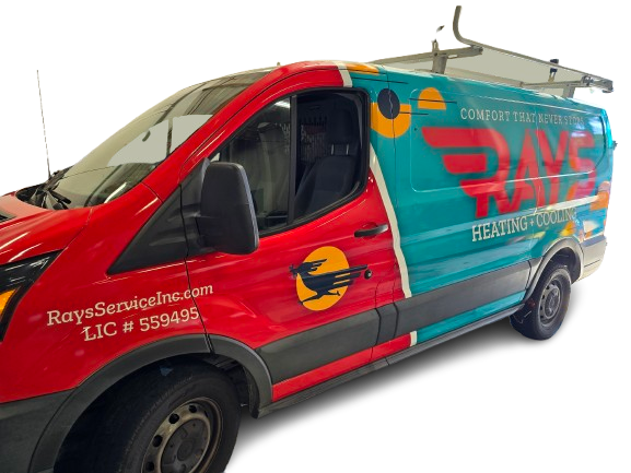 A red and blue van with the word rays on it